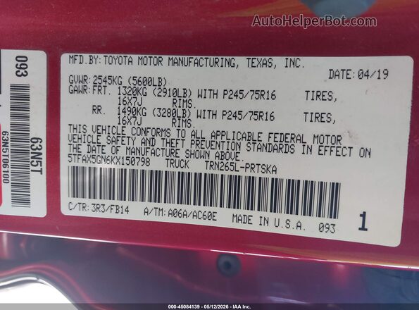 5TFAX5GN6KX150798 2019 TOYOTA TACOMA Красный Вид подкапотного пространства