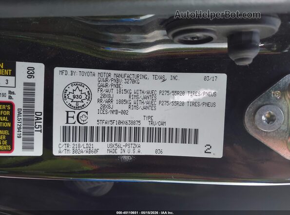 5TFAY5F10HX638875 2017 TOYOTA TUNDRA Black Շարժիչի բաժամունքի տեսք