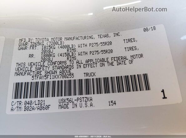 5TFAY5F11KX780255 2019 TOYOTA TUNDRA White ძრავის განყოფილების ხედი