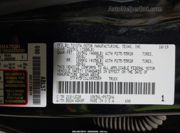 5TFAY5F11LX893589 2020 TOYOTA TUNDRA Black Vista del compartimento del motor