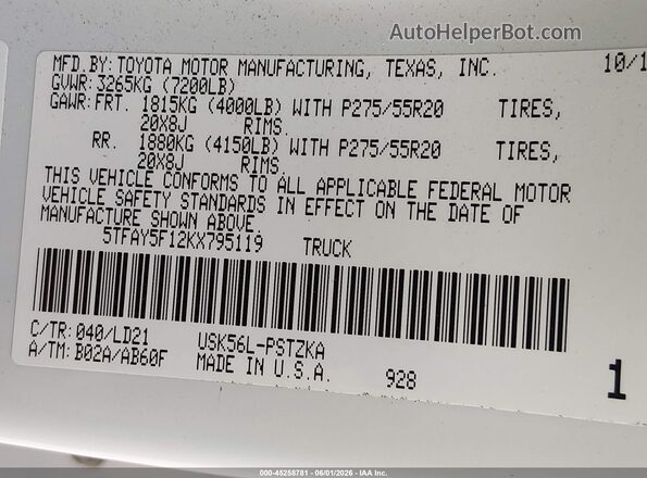 5TFAY5F12KX795119 2019 TOYOTA TUNDRA White Vista del compartimento del motor