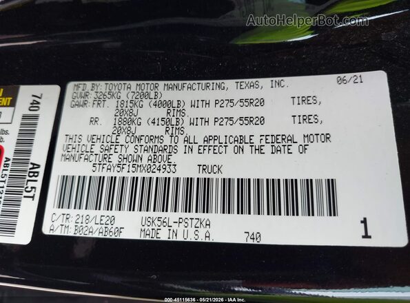 5TFAY5F15MX024933 2021 TOYOTA TUNDRA Black Vista del compartimento del motor