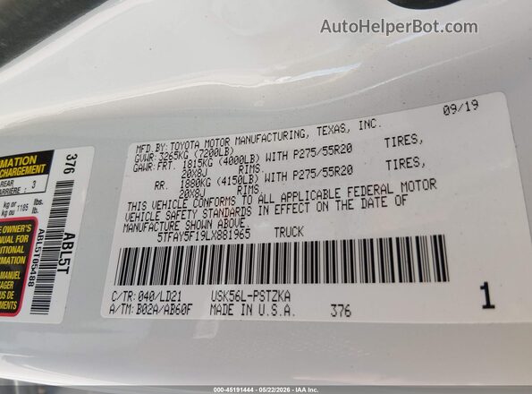 5TFAY5F19LX881965 2020 TOYOTA TUNDRA White Вид підкапотного простору