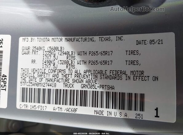 5TFCZ5AN0MX274418 2021 TOYOTA TACOMA Gray Вид підкапотного простору