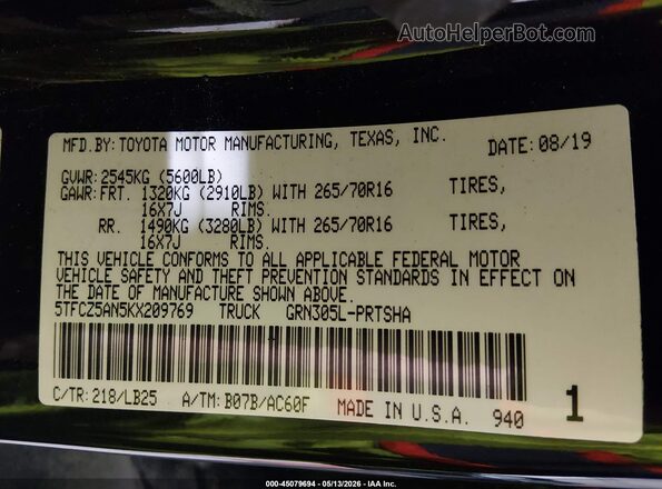 5TFCZ5AN5KX209769 2019 TOYOTA TACOMA Black Widok komory silnika