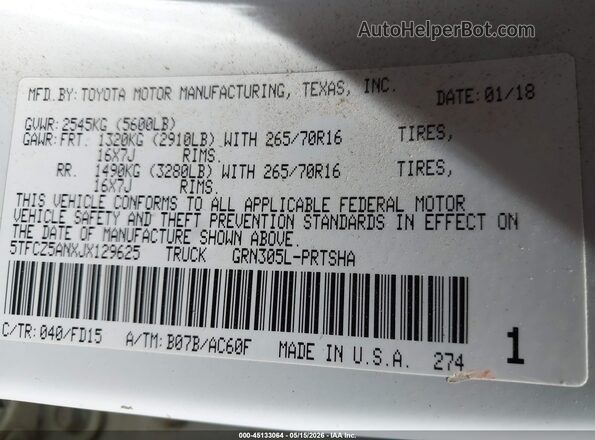 5TFCZ5ANXJX129625 2018 TOYOTA TACOMA White 