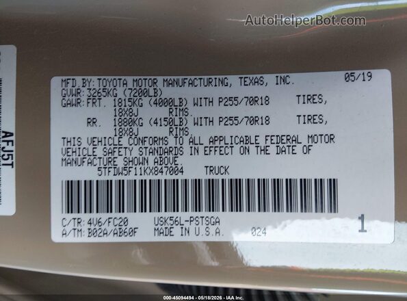 5TFDW5F11KX847004 2019 TOYOTA TUNDRA Tan 