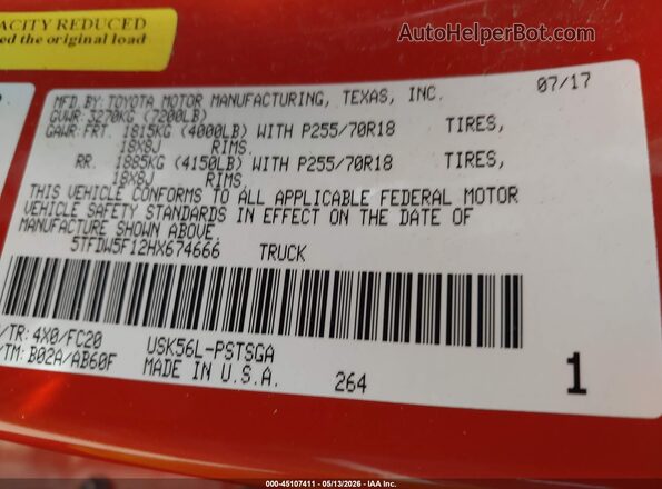 5TFDW5F12HX674666 2017 TOYOTA TUNDRA Orange Widok komory silnika