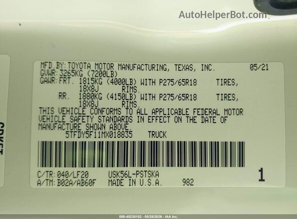 5TFDY5F11MX018835 2021 TOYOTA TUNDRA White ძრავის განყოფილების ხედი