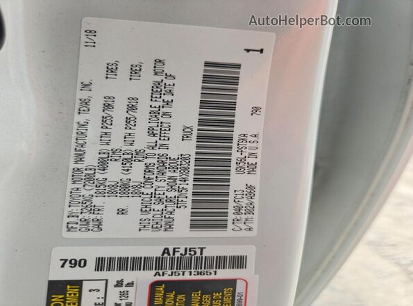 5TFDY5F14KX803203 2019 TOYOTA TUNDRA Белый 