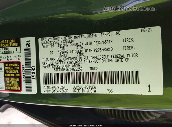 5TFDY5F16MX026252 2021 TOYOTA TUNDRA Green Engine compartment view