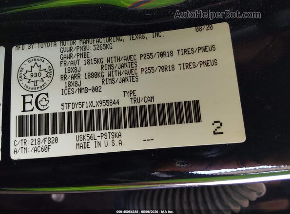 5TFDY5F1XLX955844 2020 TOYOTA TUNDRA Black Вид підкапотного простору