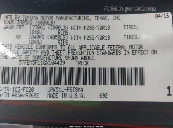 5TFEM5F11GX104439 2016 TOYOTA TUNDRA Gray ძრავის განყოფილების ხედი