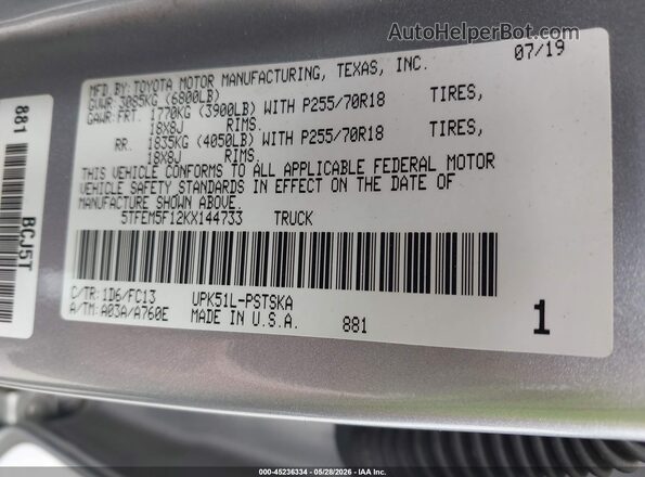 5TFEM5F12KX144733 2019 TOYOTA TUNDRA Gray ძრავის განყოფილების ხედი