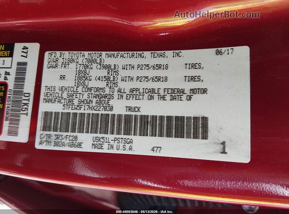 5TFEW5F17HX227030 2017 TOYOTA TUNDRA Красный Вид подкапотного пространства