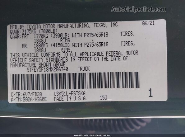 5TFEY5F18MX286740 2021 TOYOTA TUNDRA Green Vista del compartimento del motor
