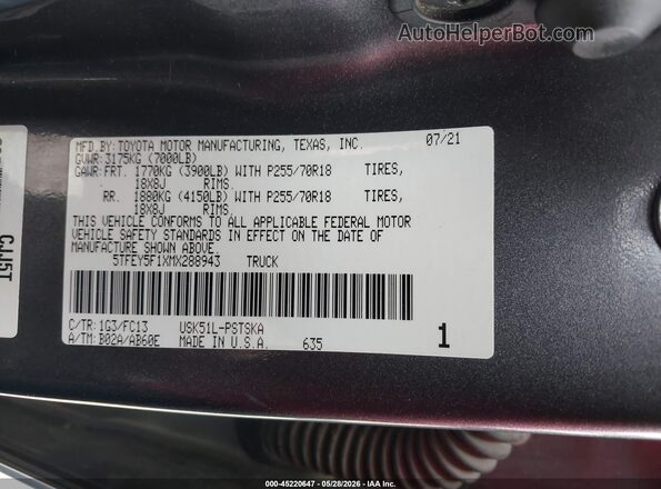 5TFEY5F1XMX288943 2021 TOYOTA TUNDRA Gray Engine compartment view
