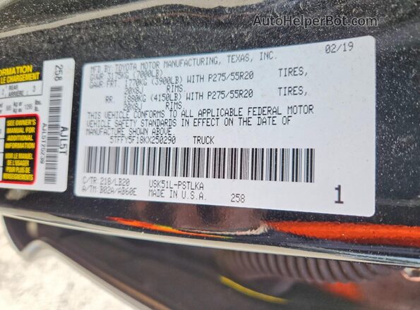 5TFFY5F18KX250290 2019 TOYOTA TUNDRA Black 