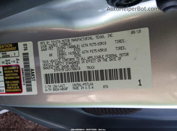 5TFHY5F12KX780618 2019 TOYOTA LIMITED Gray 