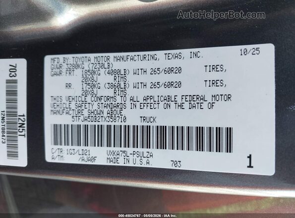 5TFJA5DB2TX358710 2026 TOYOTA LIMITED Gray Engine compartment view