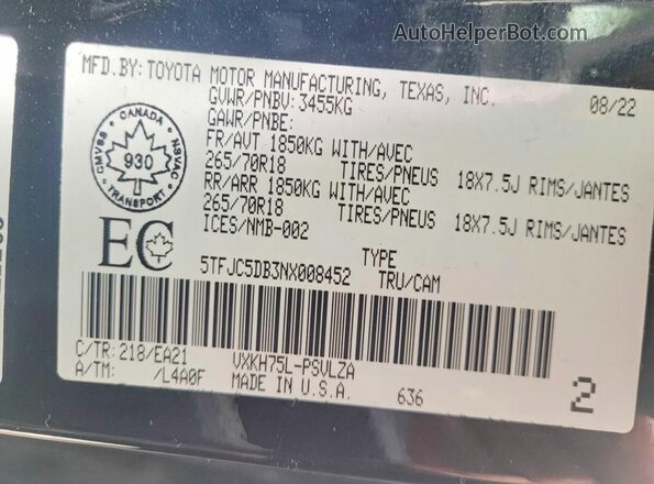 5TFJC5DB3NX008452 2022 TOYOTA TUNDRA Черный 