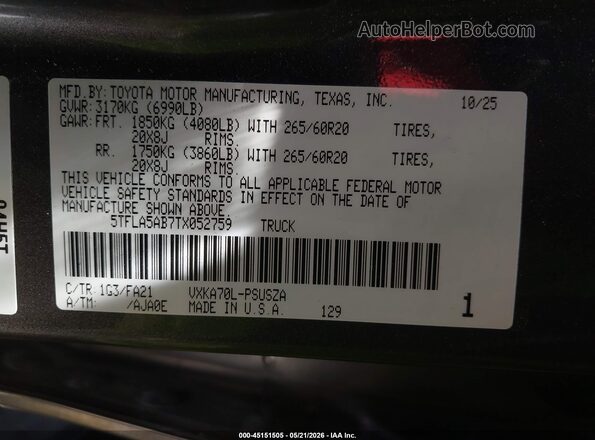 5TFLA5AB7TX052759 2026 TOYOTA TUNDRA Gray Widok komory silnika