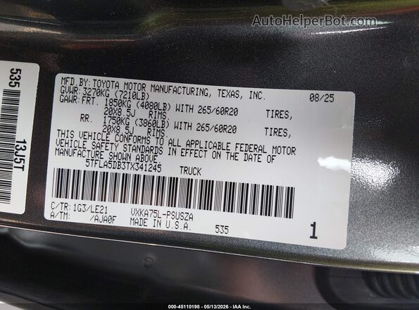 5TFLA5DB3TX341245 2026 TOYOTA TUNDRA Gray 