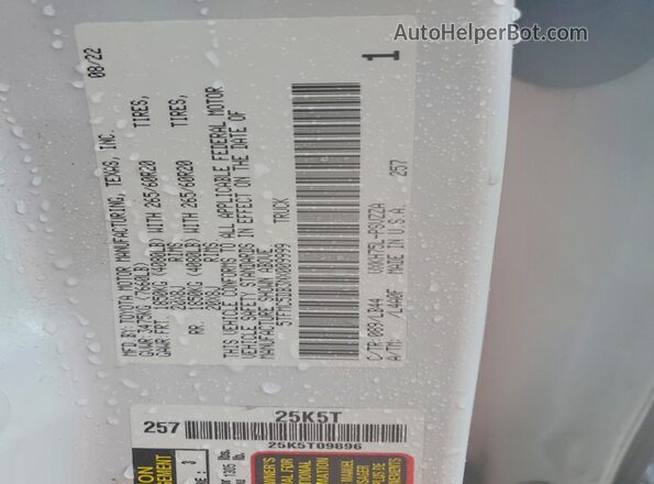 5TFMC5DB3NX009999 2022 TOYOTA TUNDRA White Вид наклейки з VIN-кодом