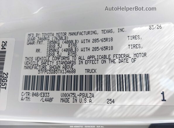 5TFPC5DB5TX134688 2026 TOYOTA TUNDRA HYBRID White Շարժիչի բաժամունքի տեսք