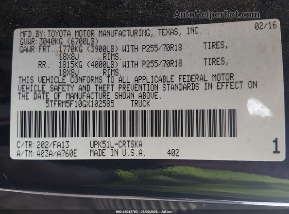 5TFRM5F10GX102585 2016 TOYOTA TUNDRA Black Vista del compartimento del motor