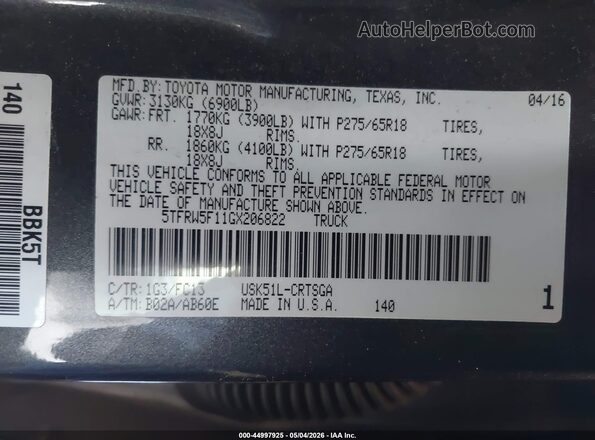5TFRW5F11GX206822 2016 TOYOTA TUNDRA Серый Вид подкапотного пространства
