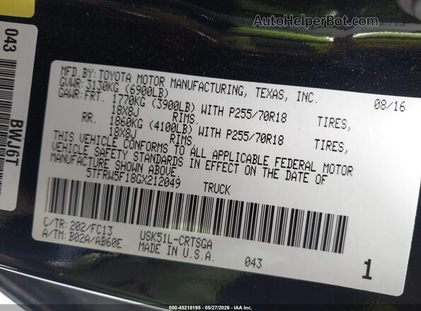 5TFRW5F18GX212049 2016 TOYOTA TUNDRA Black Vista del compartimento del motor