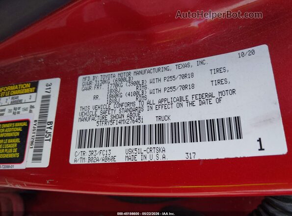 5TFRY5F14MX276451 2021 TOYOTA TUNDRA Red Շարժիչի բաժամունքի տեսք