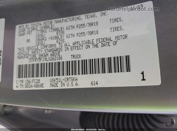 5TFRY5F19LX262186 2020 TOYOTA TUNDRA Gray Вид підкапотного простору