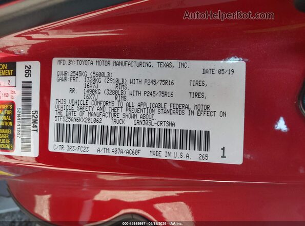 5TFSZ5AN6KX201062 2019 TOYOTA TACOMA Red Widok komory silnika