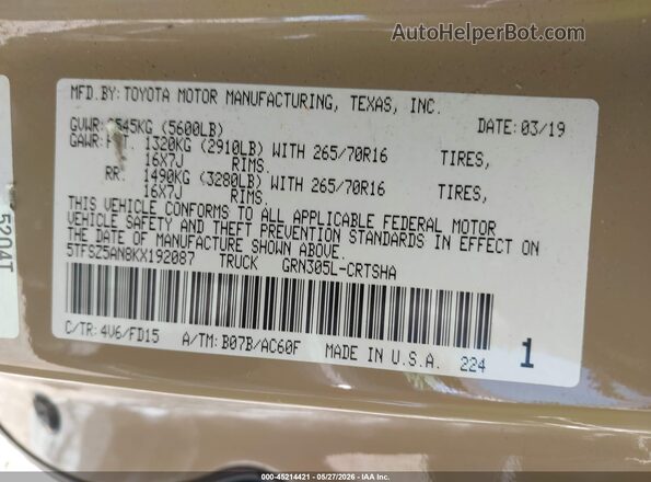 5TFSZ5AN8KX192087 2019 TOYOTA TACOMA Tan Vista del compartimento del motor