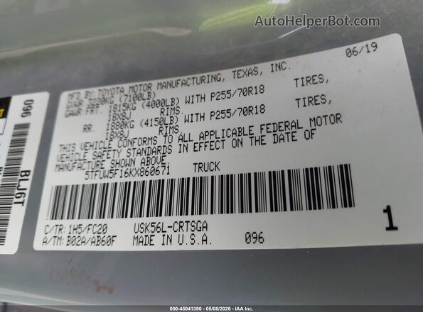 5TFUW5F16KX860671 2019 TOYOTA TUNDRA Серый 