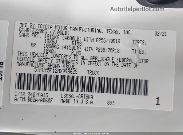 5TFUY5F12MX998625 2021 TOYOTA TUNDRA Желтый 