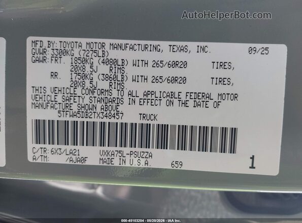 5TFWA5DB2TX348457 2026 TOYOTA TUNDRA Green Շարժիչի բաժամունքի տեսք