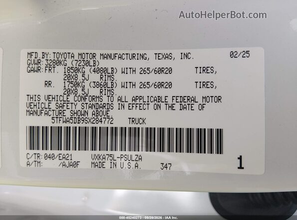 5TFWA5DB9SX284772 2025 TOYOTA TUNDRA White Շարժիչի բաժամունքի տեսք
