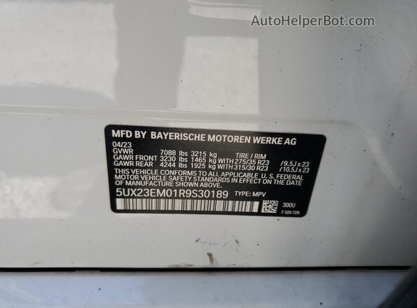 5UX23EM01R9S30189 2024 BMW X7 White Widok naklejki z numerem VIN