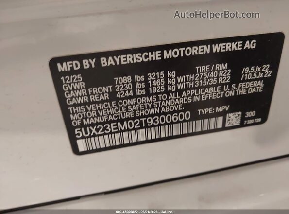 5UX23EM02T9300600 2026 BMW X7 White Вид підкапотного простору