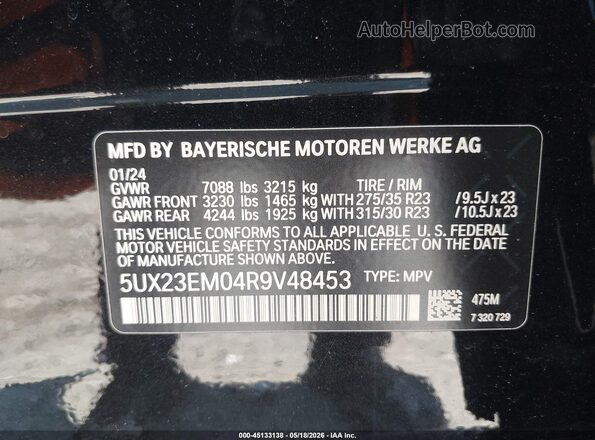 5UX23EM04R9V48453 2024 BMW X7 Black Engine compartment view