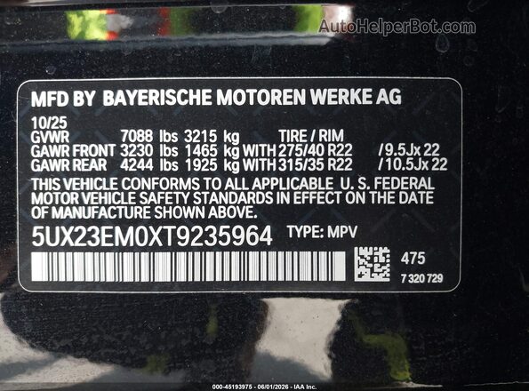 5UX23EM0XT9235964 2026 BMW X7 Black Вид підкапотного простору