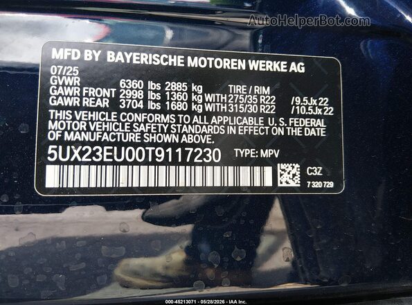 5UX23EU00T9117230 2026 BMW X5 Dark Blue Вид подкапотного пространства