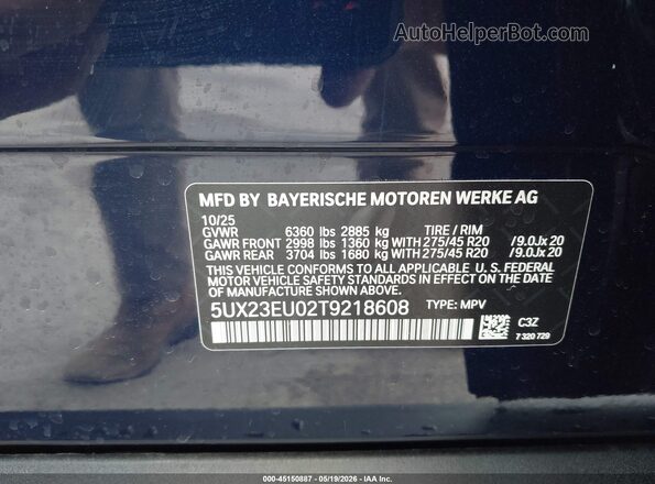 5UX23EU02T9218608 2026 BMW X5 Blue Widok komory silnika