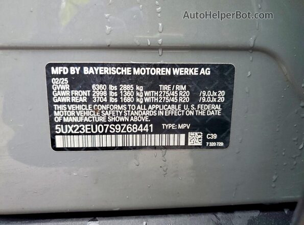 5UX23EU07S9Z68441 2025 BMW X5 Gray Vista de la etiqueta del VIN