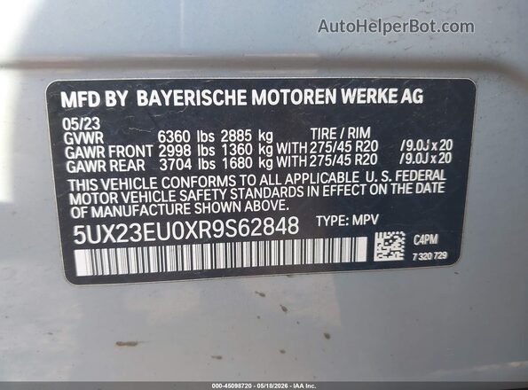 5UX23EU0XR9S62848 2024 BMW X5 Light Blue Engine compartment view
