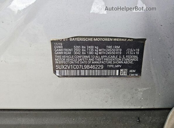 5UX2V1C07L9B46229 2020 BMW X4 Silver VIN կոդի պիտակի տեսք