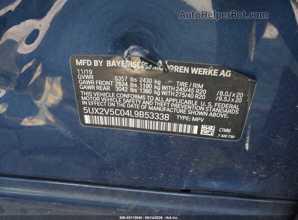 5UX2V5C04L9B53338 2020 BMW X4 Blue Engine compartment view